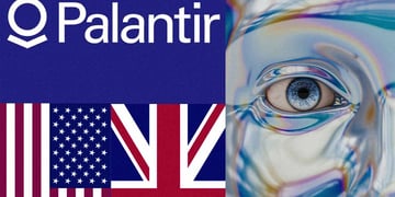 Palantir logo, US and UK flags, artificial intelligence (AI)