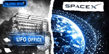 A split screen of a broken UFO office (retro) and an overload of Space X satellites (futuristic).