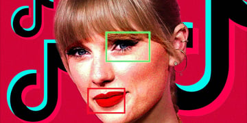 A deepfake of Taylor Swift and multiple TikTok logos on the background