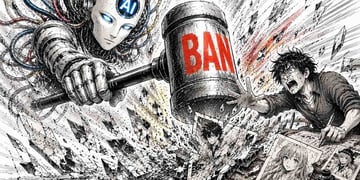 Manga style depiction of Ai hammering down on artistic rights.