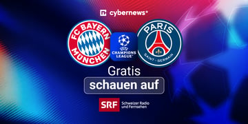 Bayern vs PSG Logos, Champions League, SRF, blau-rot