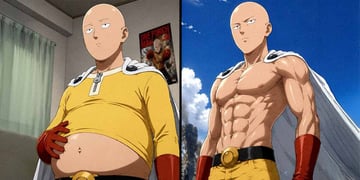 A split-screen of Saitama from One Punch man with a belly, and the other more muscular.
