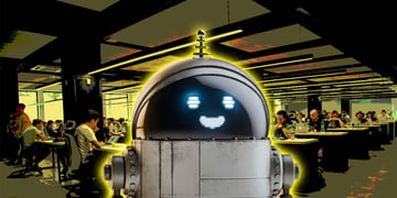 grey chatbot, round black head, office workers