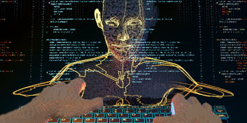 animated white human hands on digital keyboard, human head made of numbers, lines of code