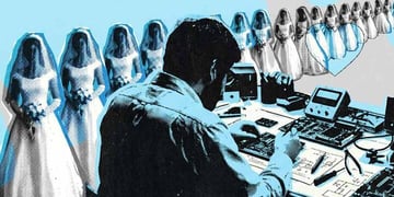 Chip engineer, long line of brides in white dresses, baby blue background