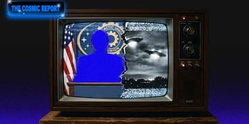 Half a TV screen of a president silhouette, and half of a UFO.