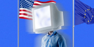American and European Union flags, a person with a monitor instead of their head