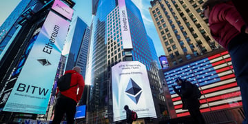 new york times square, ethereum signage, tall buildings, usa flag, people walking, clear blue sky