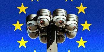 Multiple surveillance cameras on a pole, surrounded by stars from the EU flag