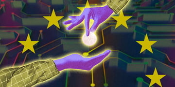A hand in gloves giving a coin to another hand, stars of the EU flag