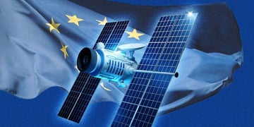 A satellite; a flag of the European Union