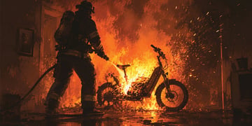 A firefighter putting out a blaze of an ebike.