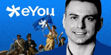 eYou logo, the platform's cofounder Gregoire Vigroux, figures from Renaissance paintings