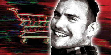 Alan Bill, smiling man, light moustache and beard, shopping cart, 