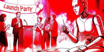 A robot celebrating on its own, as humans give speeches at a party.