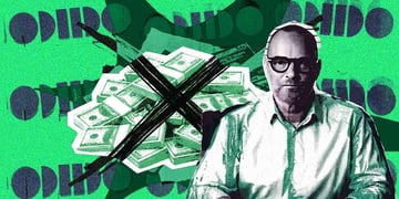 pile of money, blac X on them, CEO portrait, bald man in white shirt, glasses, odido logo, green