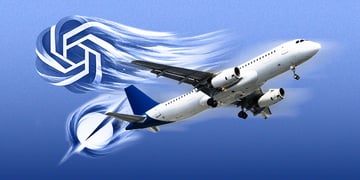 white plane pushed by blue gpt grok icons resembling wind