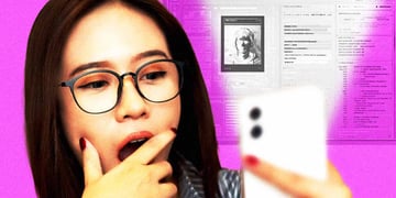 A shocked woman looking at her phone, documents with someone's criminal background behind her