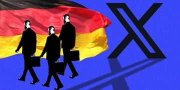 German flag; three men in suits carrying suitcases, X logo