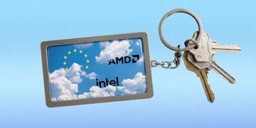 A keychain with clouds, the EU flag, logos of Intel and AMD