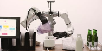 white humanoid, no head, pink smoothie, pour glass, green bottles, glass bottle of milk