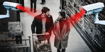 Facial recognition system in cameras scanning man and woman in a shop