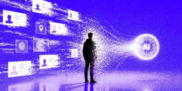 A person standing in front of a floating bubble that says AI, the concept of personal data