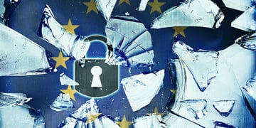 EU flag, blue background, yellow stars, frosty broken glass pieces, dark blue padlock, 