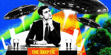 A skeptic sitting below a UFO.