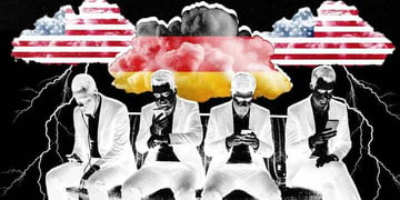 four men in white suits, two USA flag clouds, one Germany flag cloud, rain and thunder lines