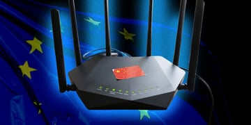 A router with a Chinese flag on it, the EU flag on the background