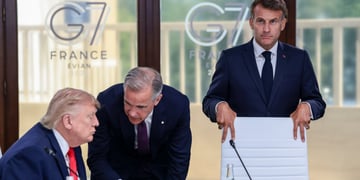 Donald Trump, Canadian PM Mark Carney, French President Macron, men in dark suits, ties, shirts