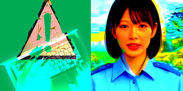 Split picture of an exclamation mark and a keyboard, and AIko - a cybercop.