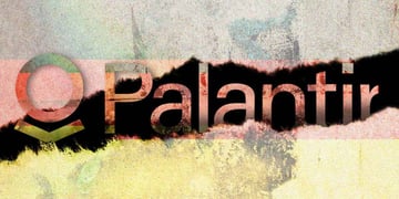 Logo of American data company Palantir, the German flag on the background