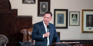 Peter Thiel speaks at The Cambridge Union on May 08, 2024 in Cambridge