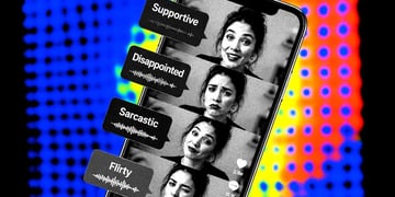A smartphone screen with woman's face, words "supportive," "disappointed," "sarcastic," and "flirty