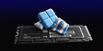 Black Samsung SSD card with baby blue mittens