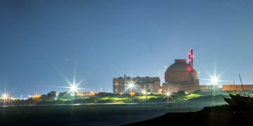 Kudankulam Nuclear Power Plant, dome, vlear blue night sky, two bright white lights