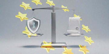 A futuristic balance scale weighing up a VPN and a copyrighted document.