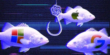 A giant fishing hook shaped like the ChatGPT logo dangling beside Microsoft, Google and Apple logos