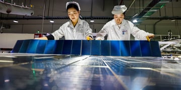 female chinese workers, dark blue solar panels, white laboratory outfits ,black hair, 