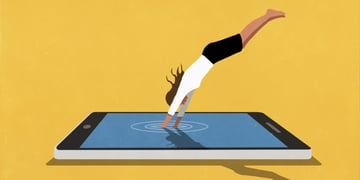 White woman diving into large digital tablet against yellow background, black shorts, white top