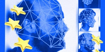 People's faces processed by facial recognition tech, the EU flag