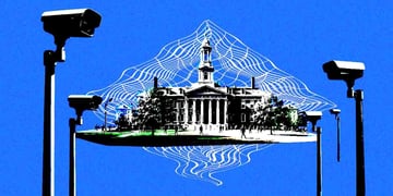 A university campus surrounded by surveillance cameras