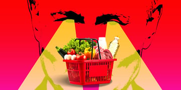 A basket with groceries, Russia's president Vladimir Putin