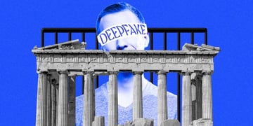 A person with the word "Deepfake" covering his eyes, prison bars, Greek Acropolis