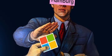 A person whose eyes are covered with a word "Hamburg" says no to Microsoft logo