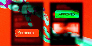 A split-screen of AI blocking and approving content on social media.
