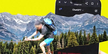 A hiker climbing the mountain; a smarphone screen with ChatGPT opened