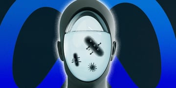 A robot's head and bacteria inside it; the logo of Meta